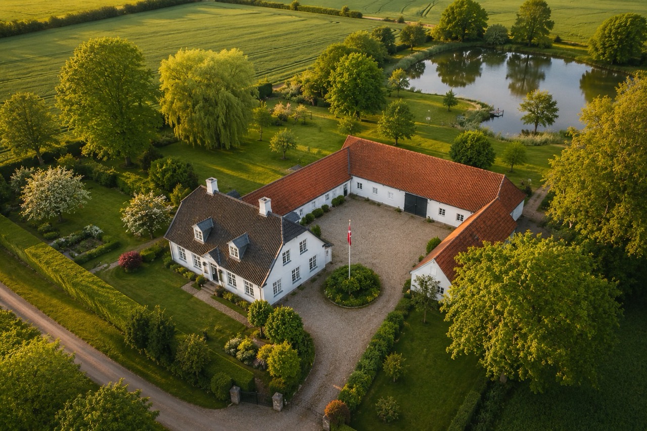 Luftfoto af gård med have og sø