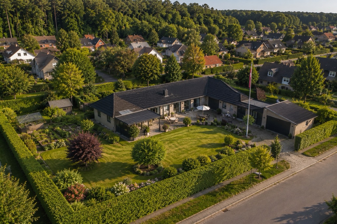 Luftfoto af villa og have