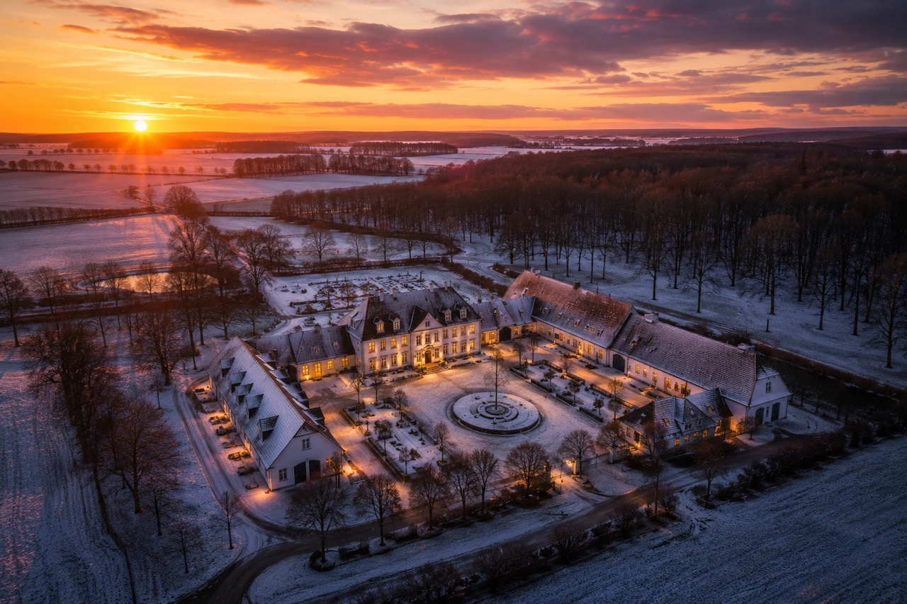 Luftfoto af ejendom i vinterlandskab ved solnedgang